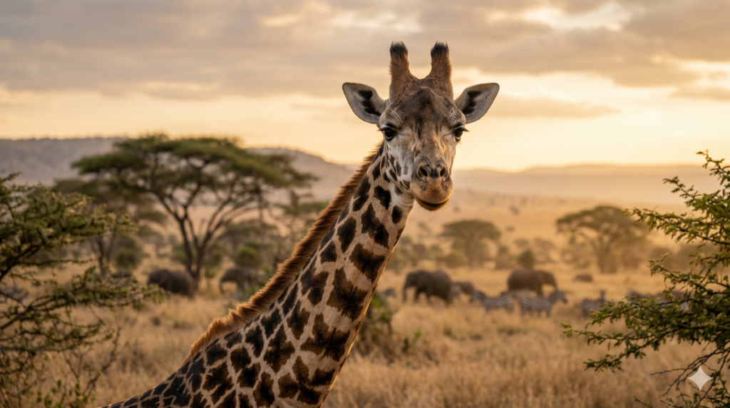 Fotorealistische Aufnahme einer Giraffe in der afrikanischen Savanne, die freundlich in die Kamera schaut. Im Hintergrund grasen Elefanten und Zebras im warmen Abendlicht.